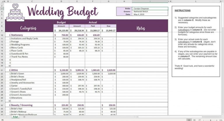 wedding planner budget template