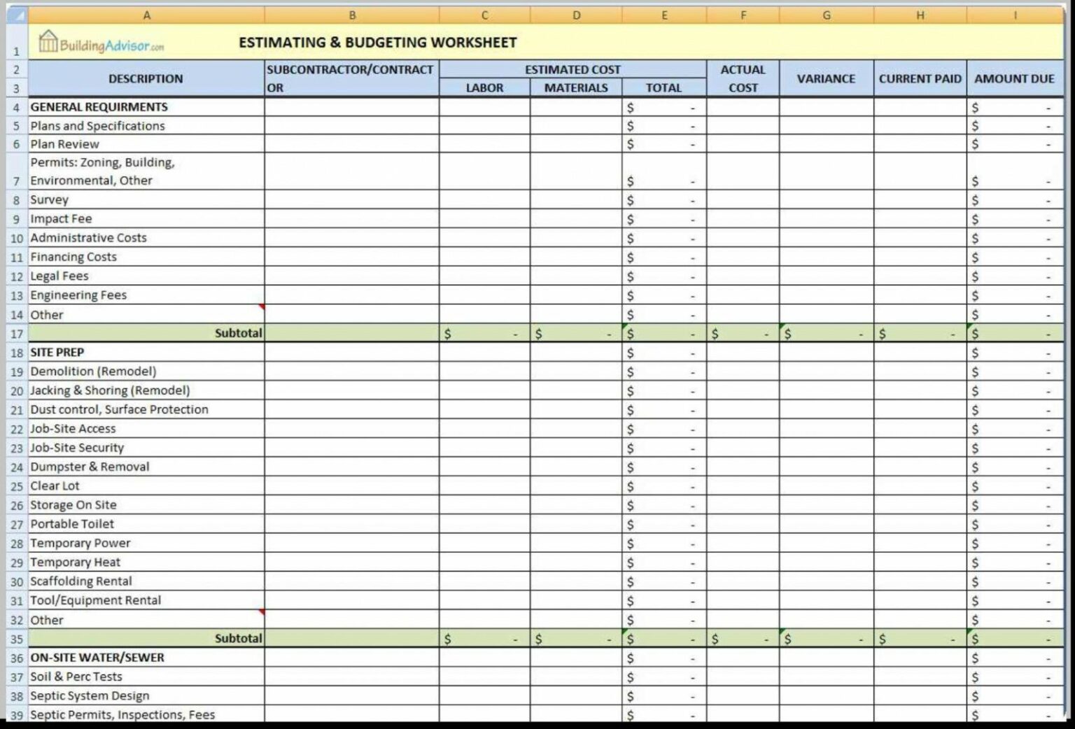 Printable Home Construction Budget Spreadsheet 2023 Calendar Printable