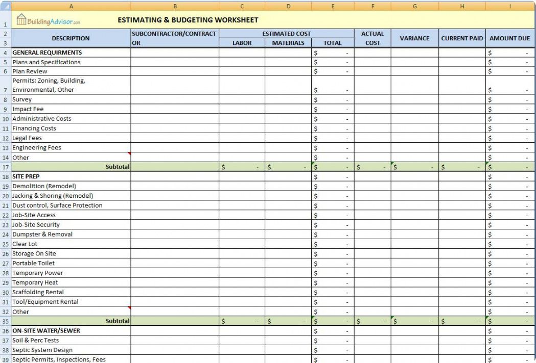 Sample Construction Estimating Spreadsheet Building ...