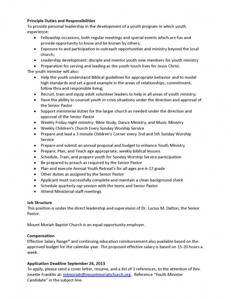 Sample Youth Minister Position Mt Moriah Baptist Church Southern