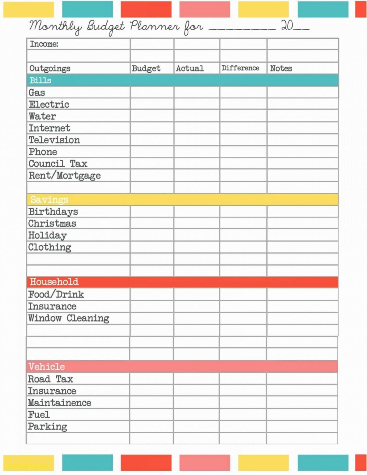 google sheets monthly household budget template