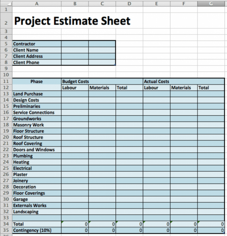 Interior Cost Estimate Template Excel