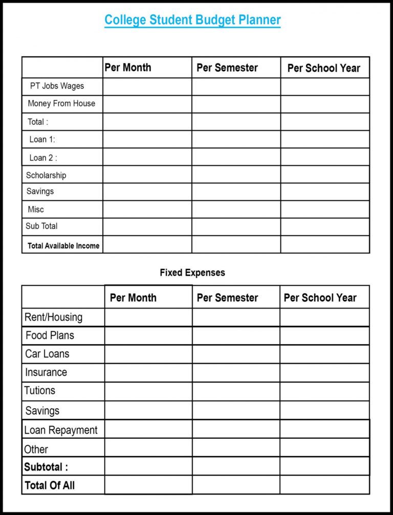 Sample College Student Budget Template Addictionary Budget For 