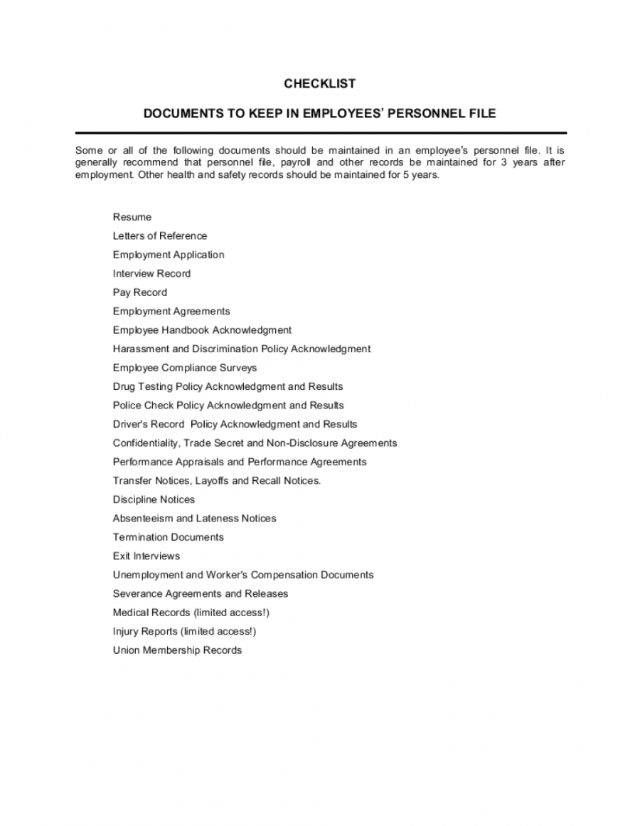 Personnel File Checklist Template