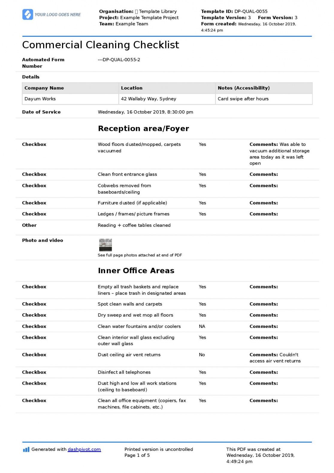 commercial cleaning checklist template free  editable commercial cleaning checklist template samples