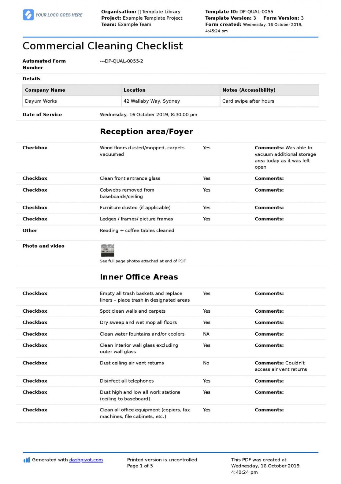 Commercial Cleaning Checklist Template Excel