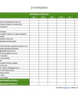 editable 25 bar opening and closing procedures  evergreen restaurant side work checklist template doc