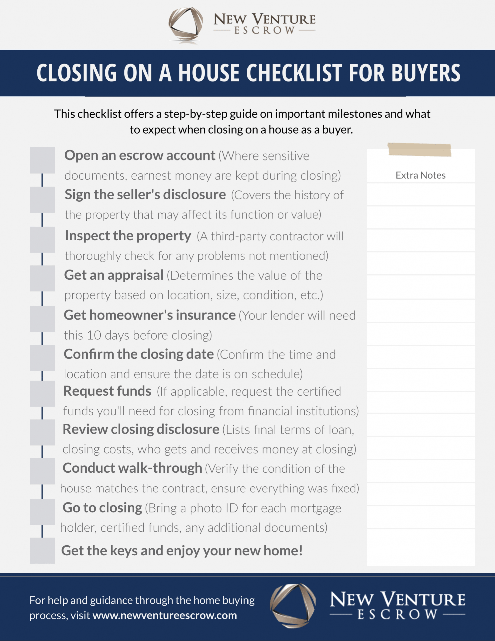 editable closing on a house checklist for buyers  new venture escrow buying a house checklist template pdf