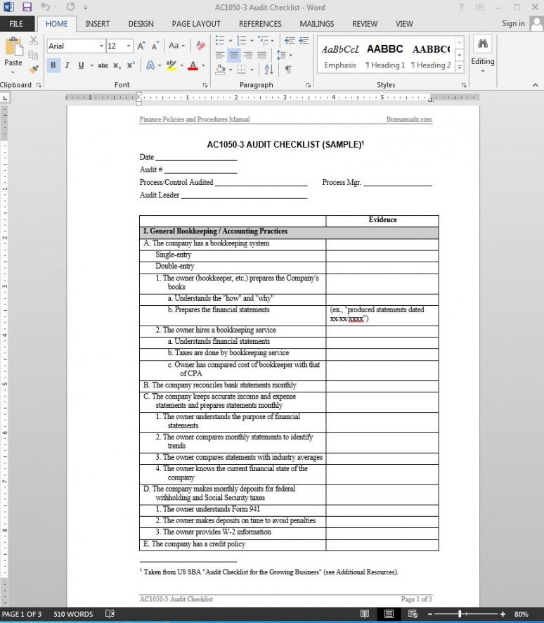 editable financial audit checklist template  ac10503 internal controls checklist template doc