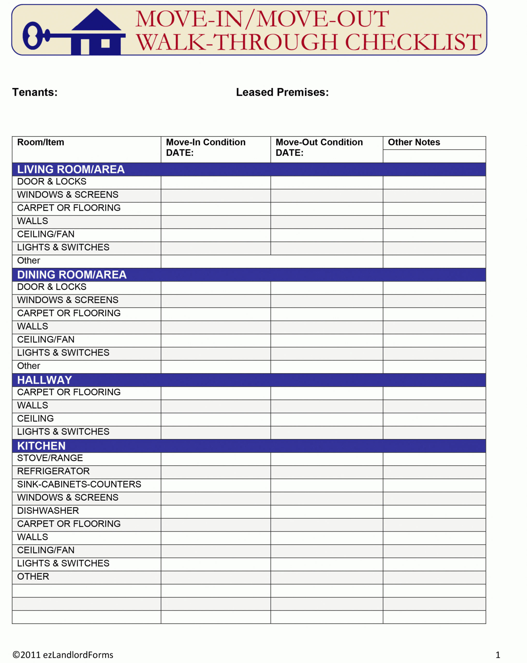 editable moveinmoveout walkthrough checklist  ezlandlordforms move in checklist template pdf