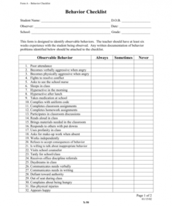 form a  behavior checklist student behavior checklist template excel