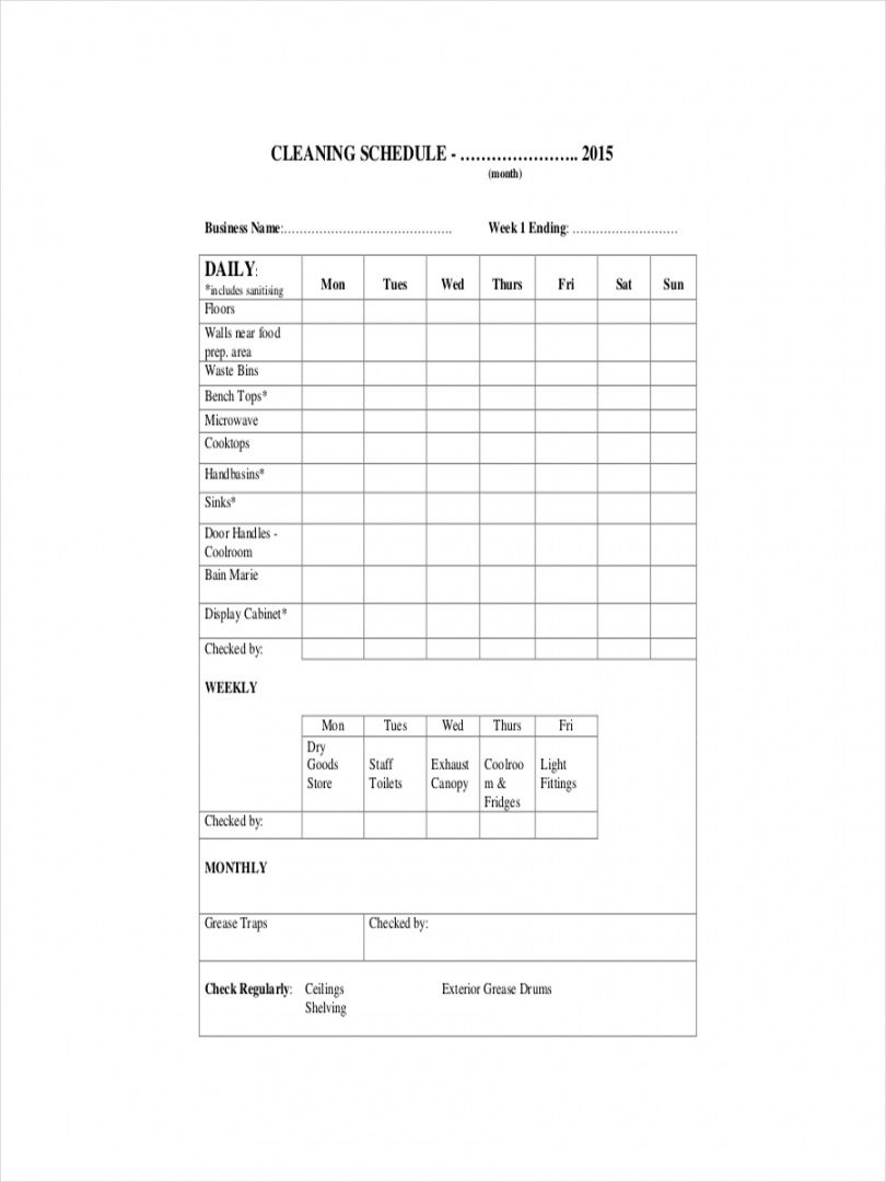 Restaurant Cleaning Checklist Template Word