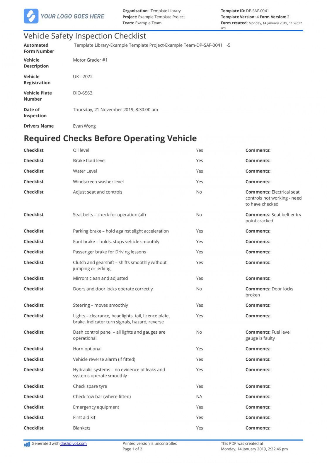 Vehicle Safety Inspection Checklist Template