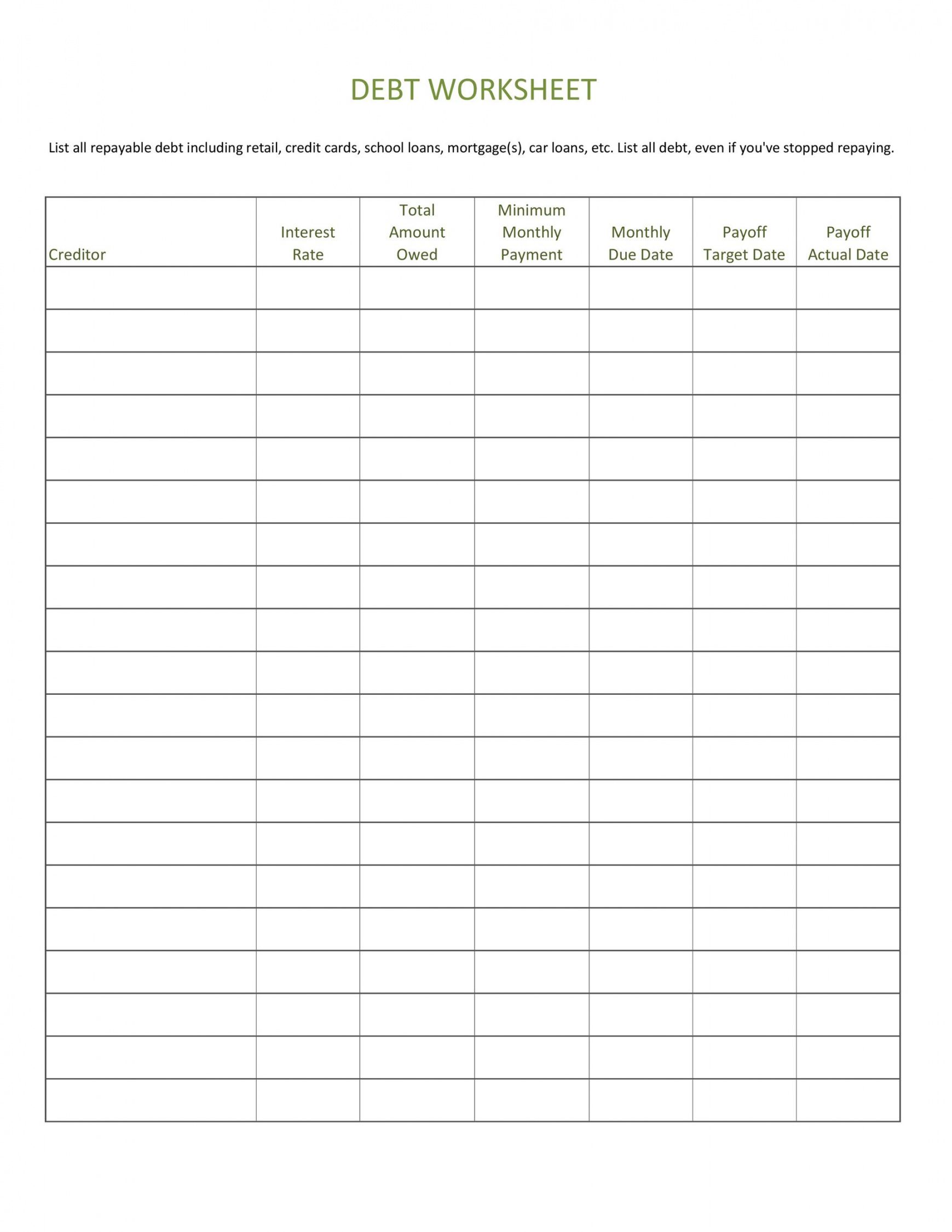 Debt Elimination Spreadsheet Forms And Templates Fillable Printable