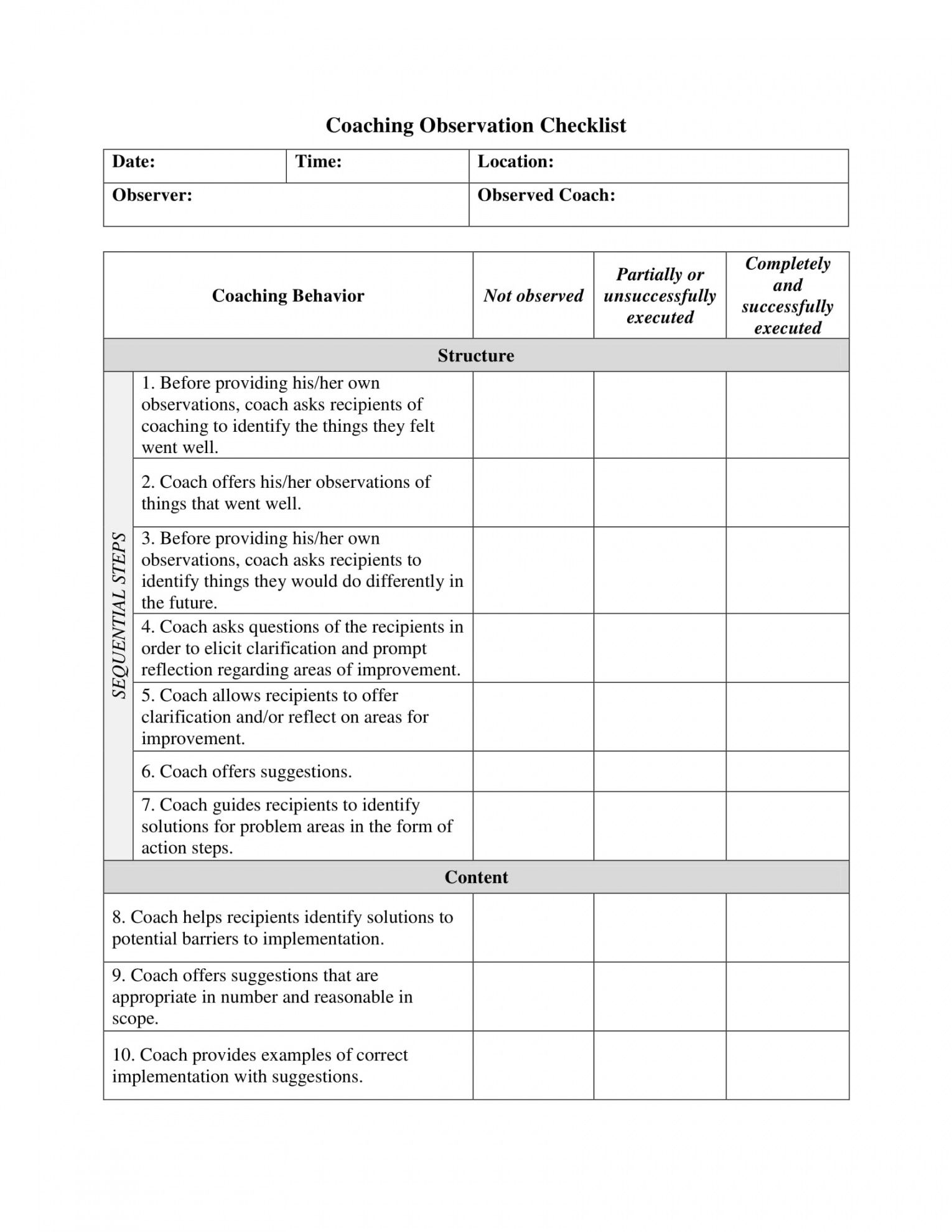 printable free 5 coach observation forms in pdf  ms word observation checklist template pdf