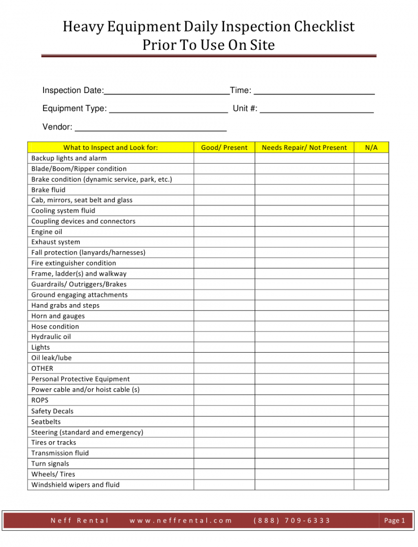 printable heavy equipment daily inspection checklist template prior to equipment inspection checklist template pdf