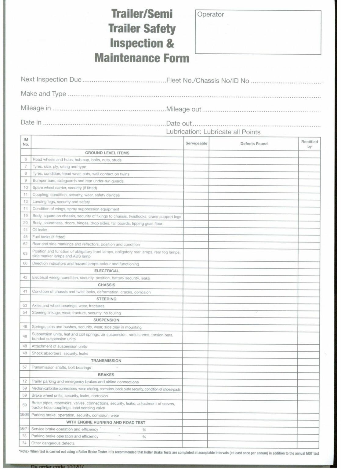 Printable Trailer And Semi Trailers Inspection And Rectification Report Vehicle Safety