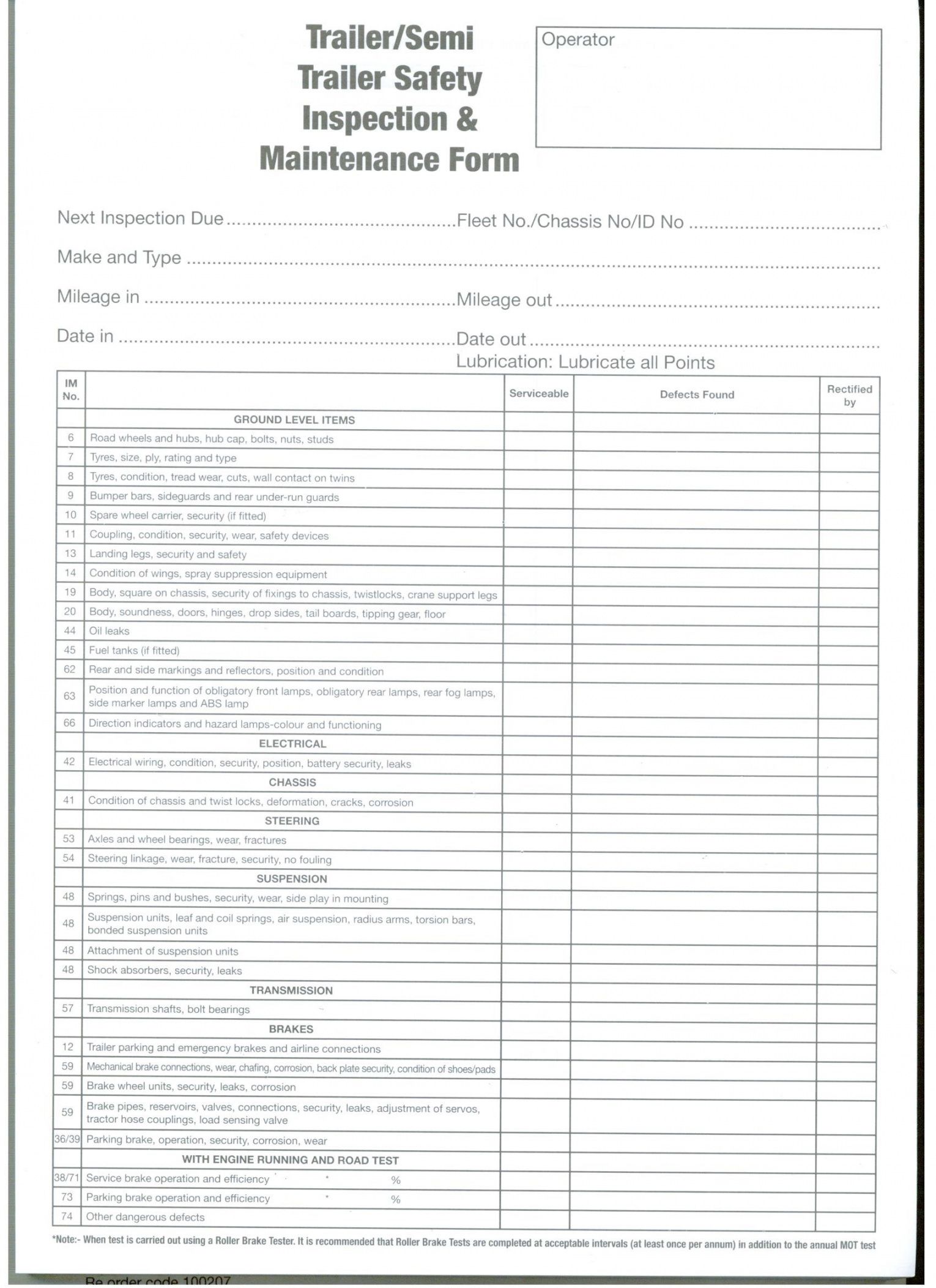 printable trailer and semi trailers inspection and rectification report vehicle safety inspection checklist template pdf