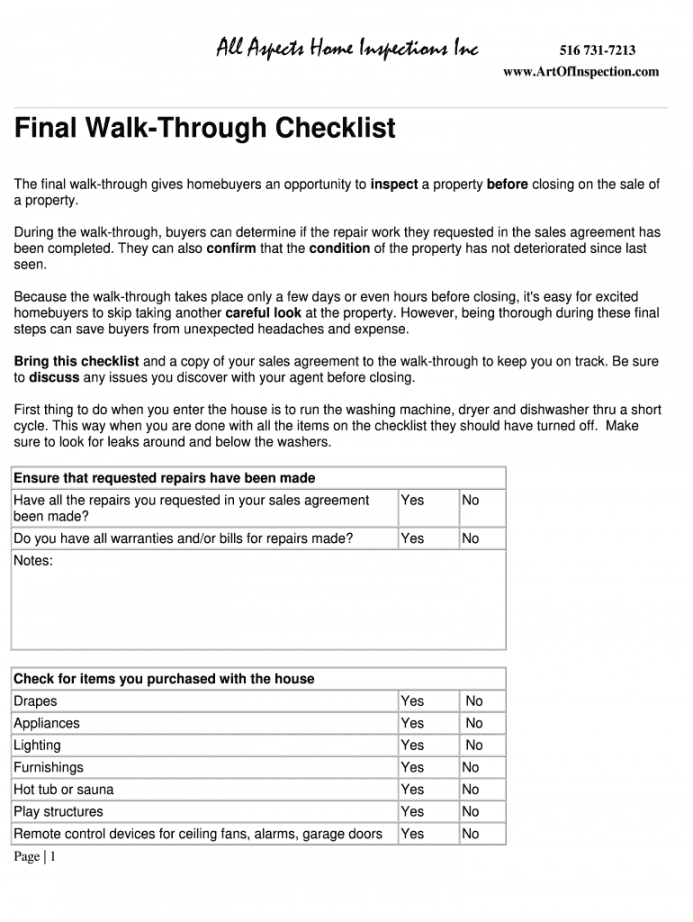 Final Walk Through Checklist Template