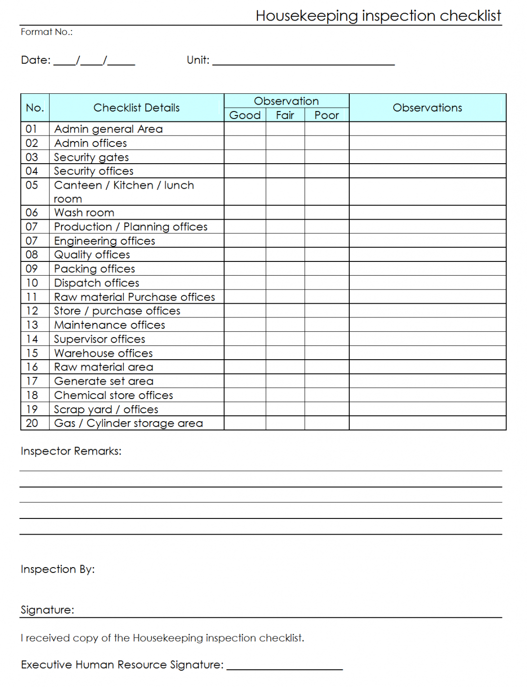 printable workplace housekeeping inspection checklist for factory housekeeper checklist template samples