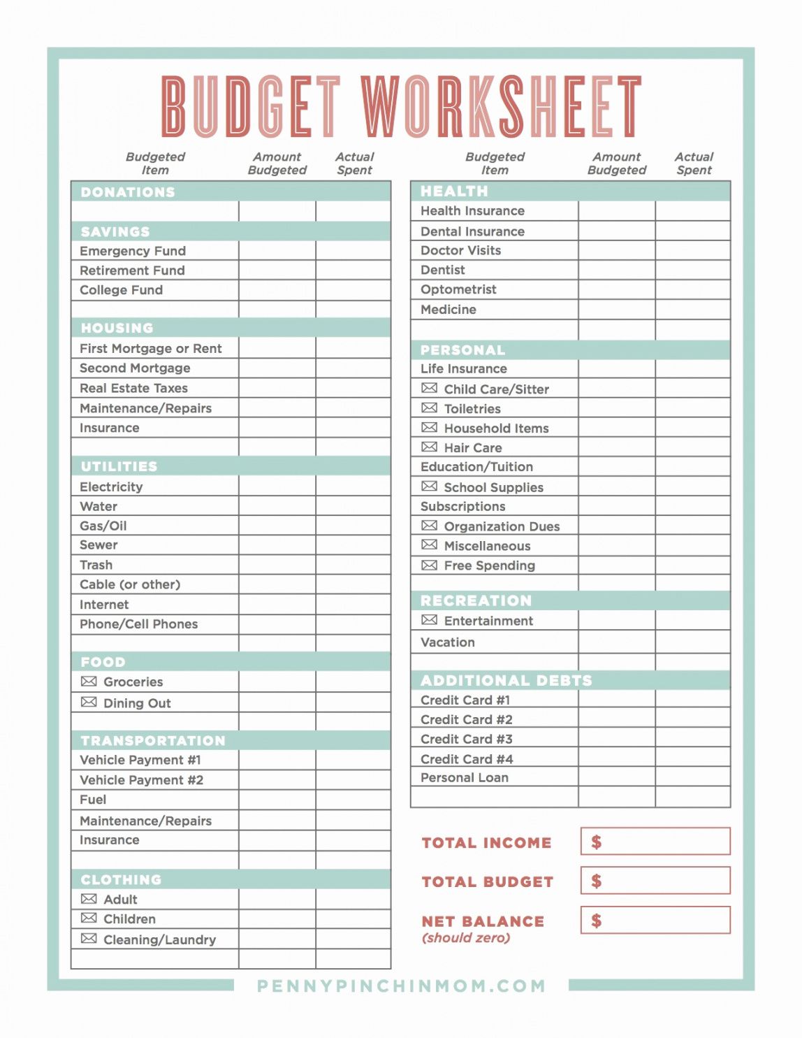 sample single person budget