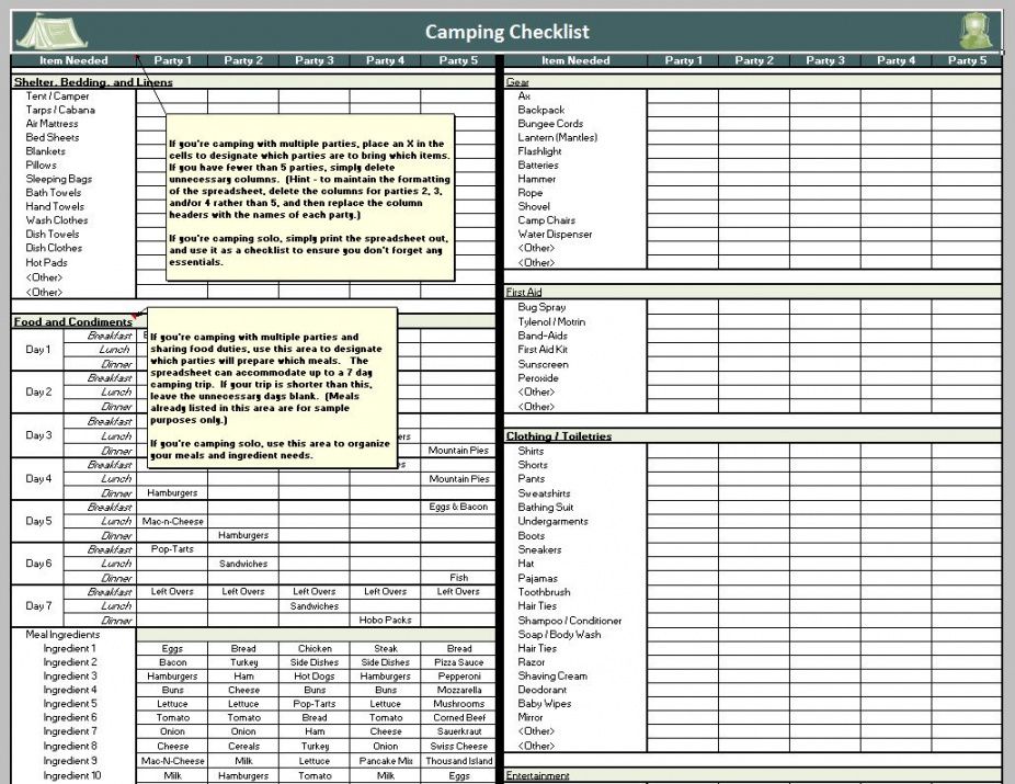 summer camping checklist  summer camp checklist camping checklist template excel