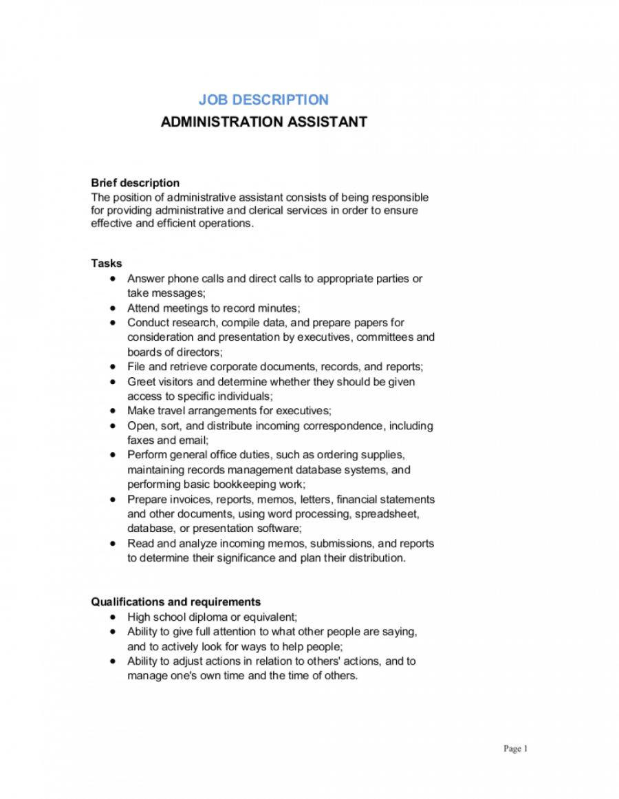 administrative assistant job description template  by executive assistant job description template doc