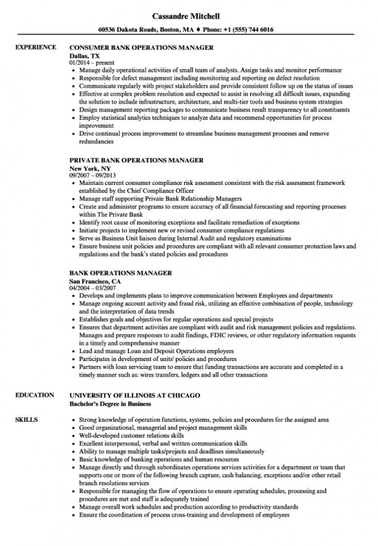 bank manager job description for resume