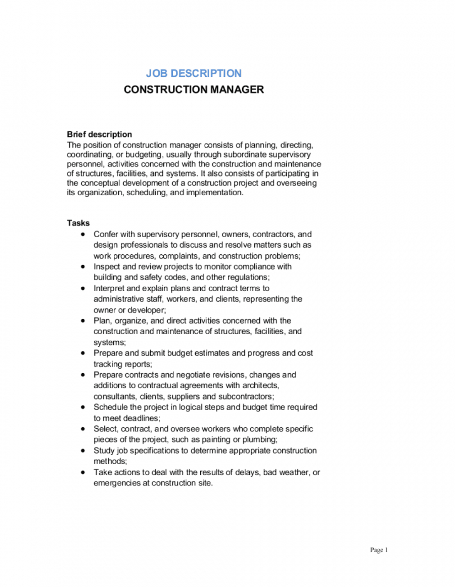 construction manager job description template  by business construction project manager job description template