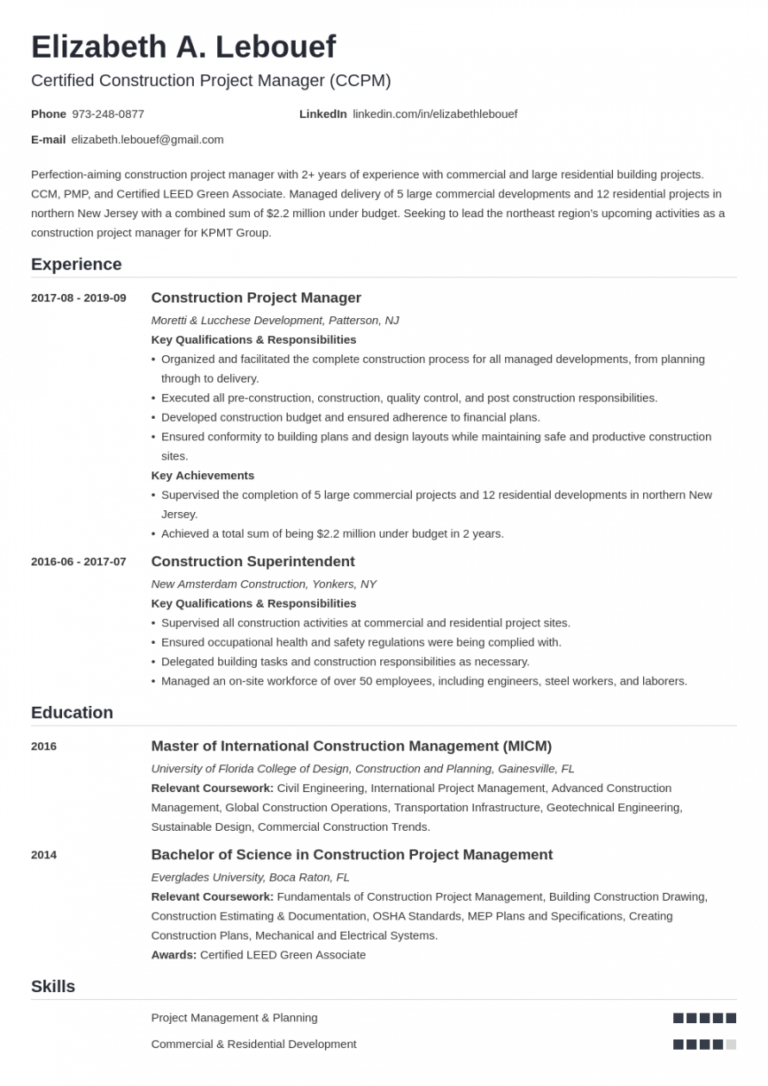 Construction Project Manager Resume Sample & Guide Construction Project