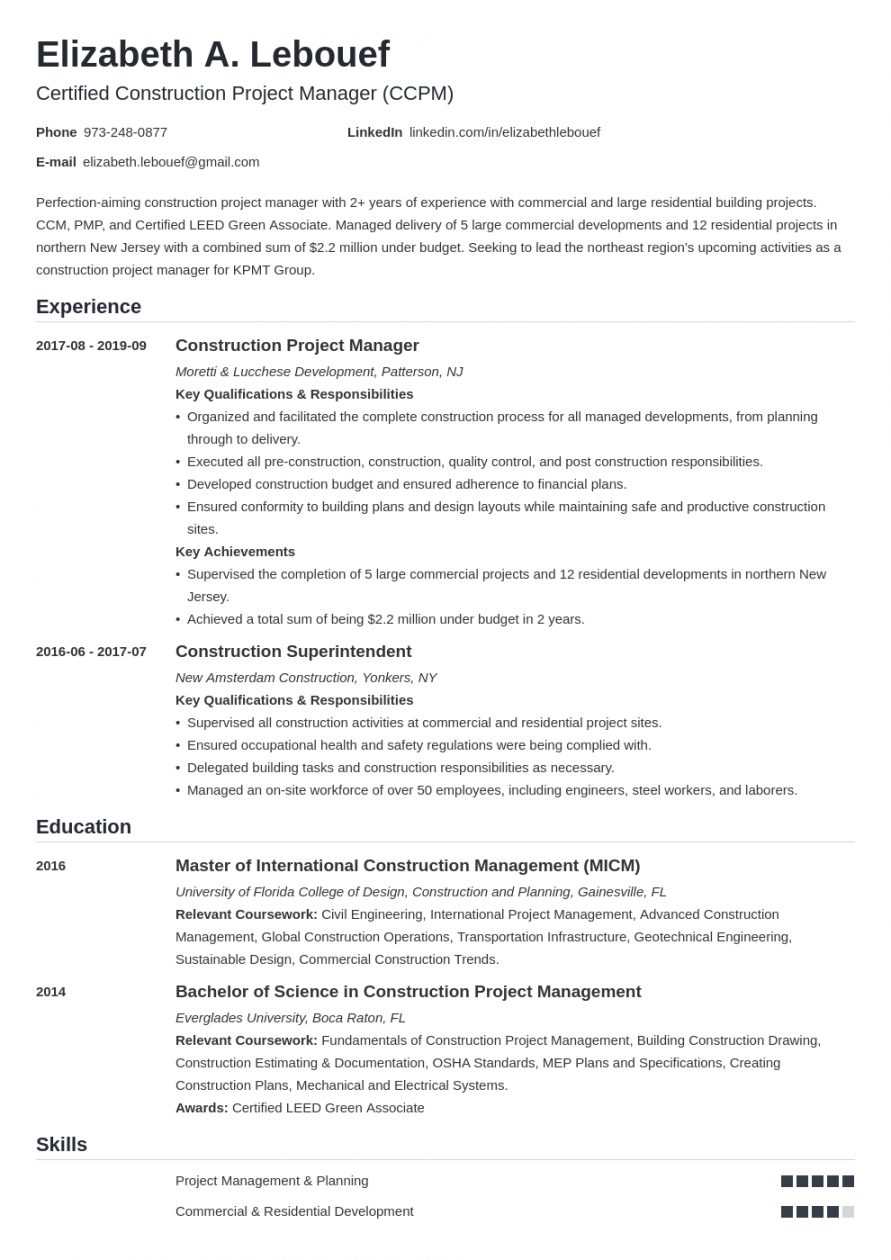 project manager resume construction