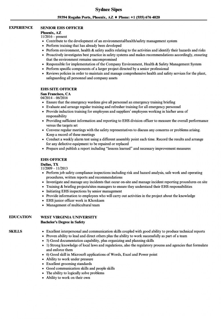 Ehs Officer Resume Samples Velvet Jobs Safety Officer Job Description