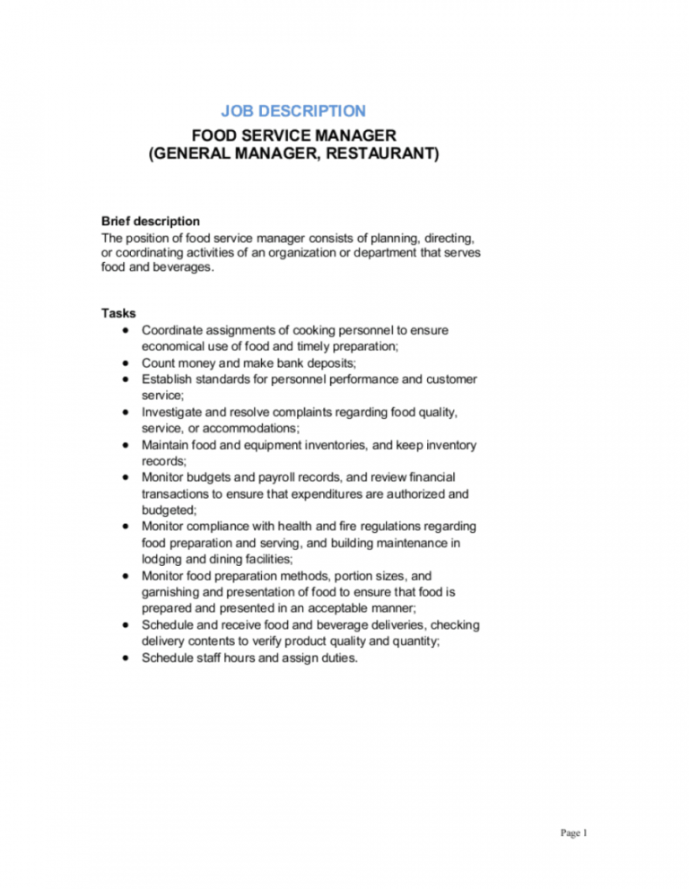 Food Service Manager General Manager Restaurant Job General Manager Job 6452