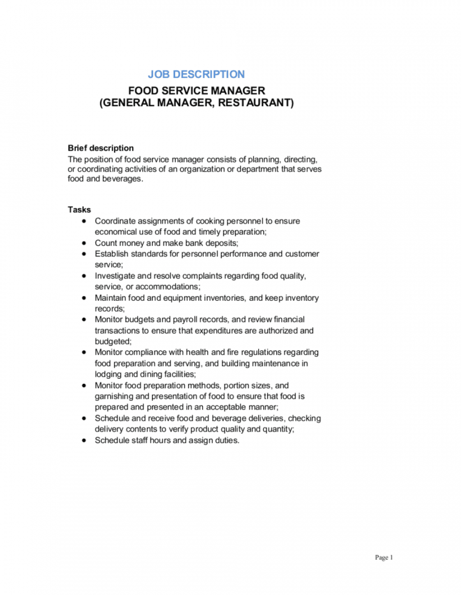 food service manager general manager restaurant job general manager job description template
