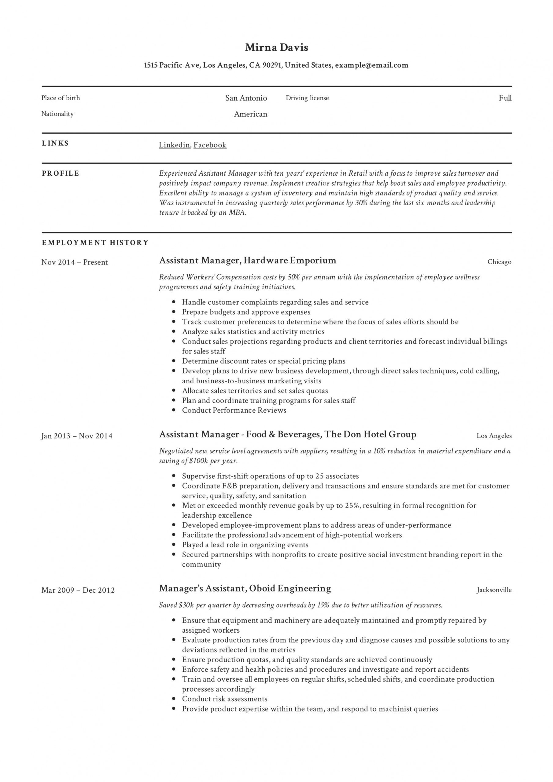 free assistant manager resume &amp; writing guide  12 samples  pdf assistant manager job description template pdf