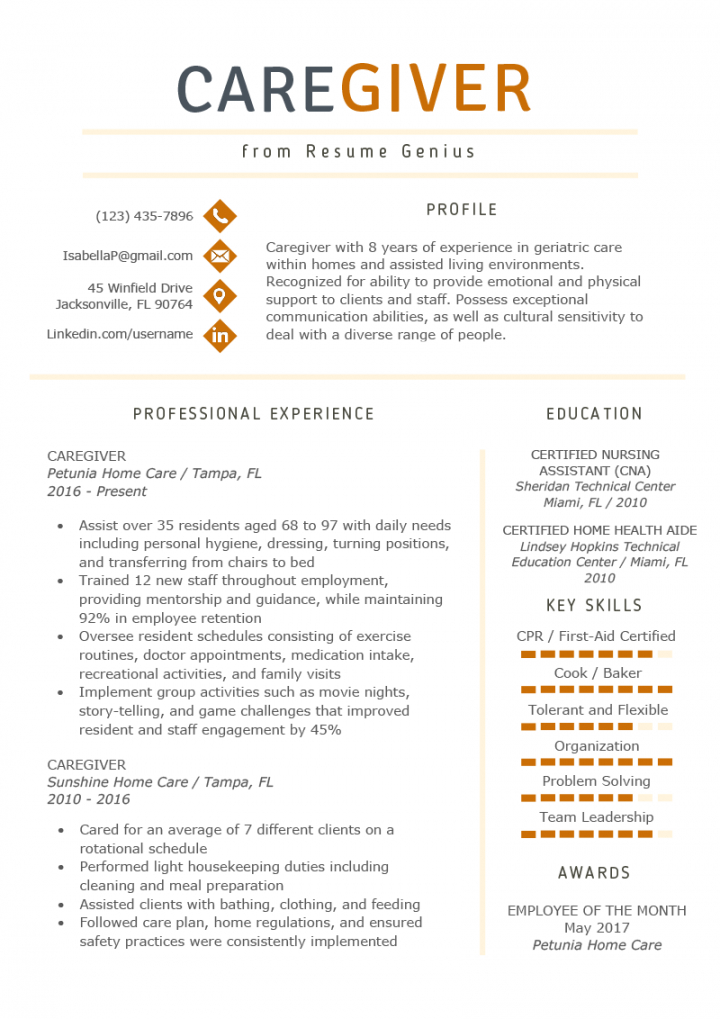 free caregiver resume example &amp;amp; writing guide  resume genius caregiver job description template