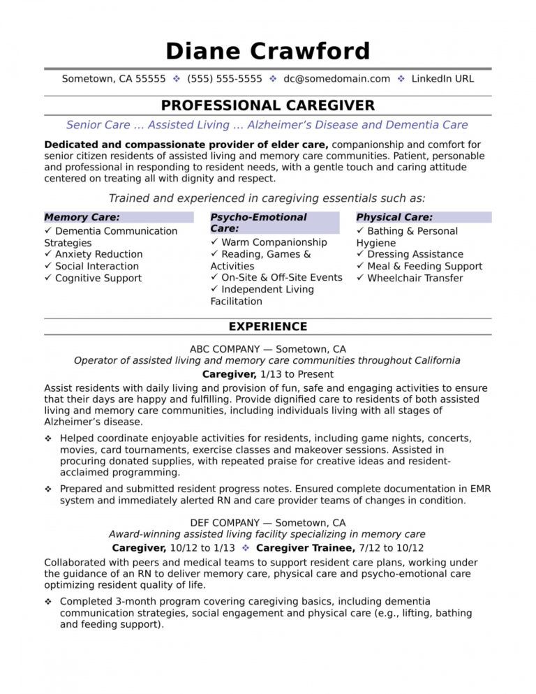 Free Caregiver Resume Sample Monster Caregiver Job Description Template