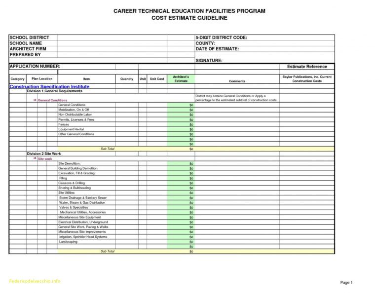 Free Construction Cost Estimating Spreadsheet For Ple Hotel Bud Hotel ...