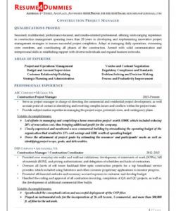 free construction project manager resume  resume4dummies construction project manager job description template