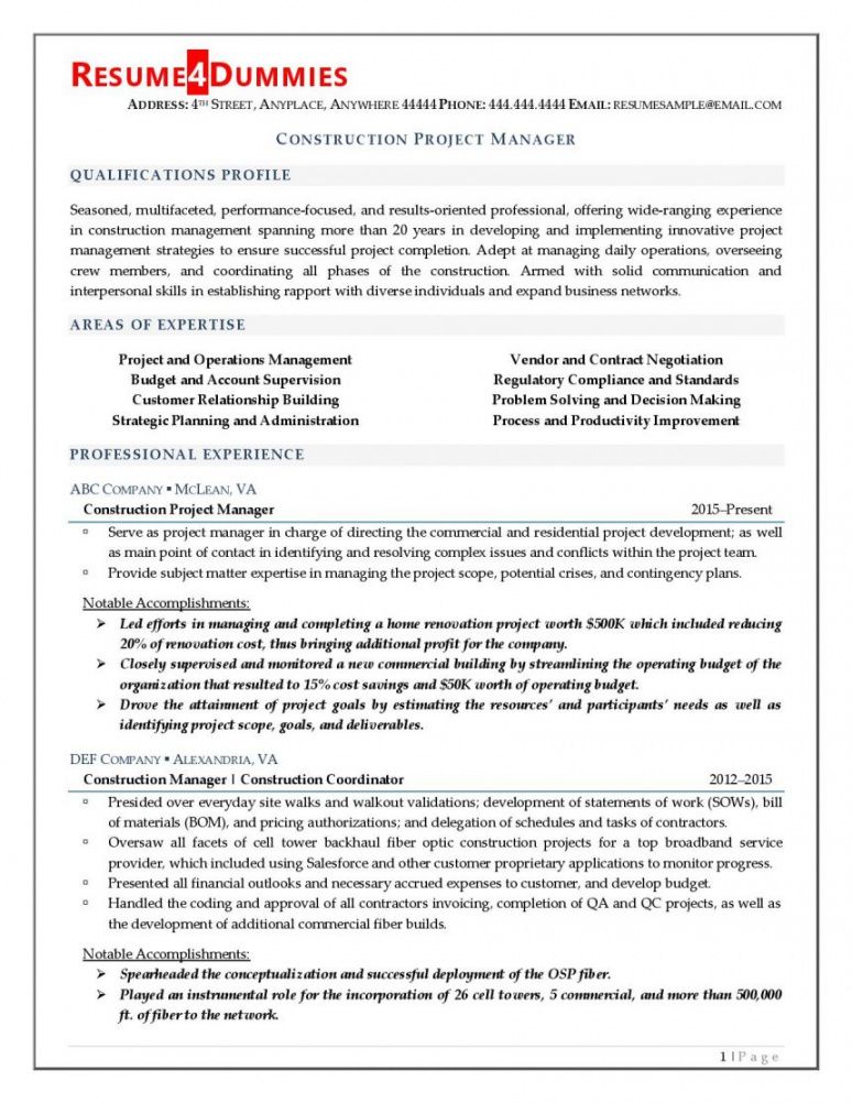 free construction project manager resume  resume4dummies construction project manager job description template