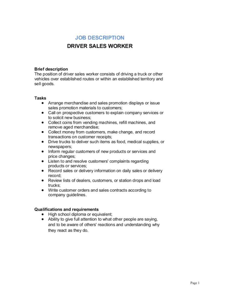 free driver sales worker job description template  by business truck driver job description template and sample