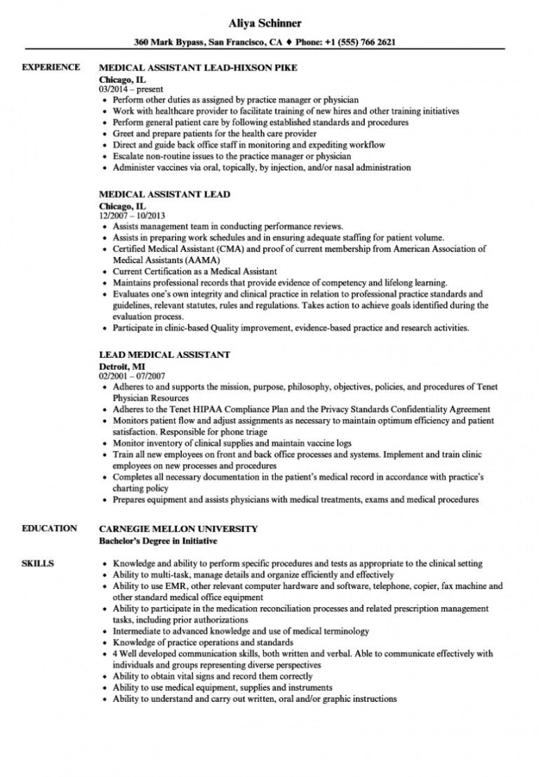 Free Lead Medical Assistant Resume Samples Velvet Jobs Medical 