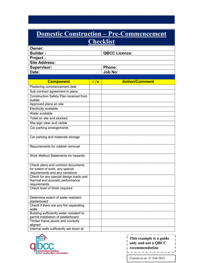 free precommencement checklist pre construction checklist template