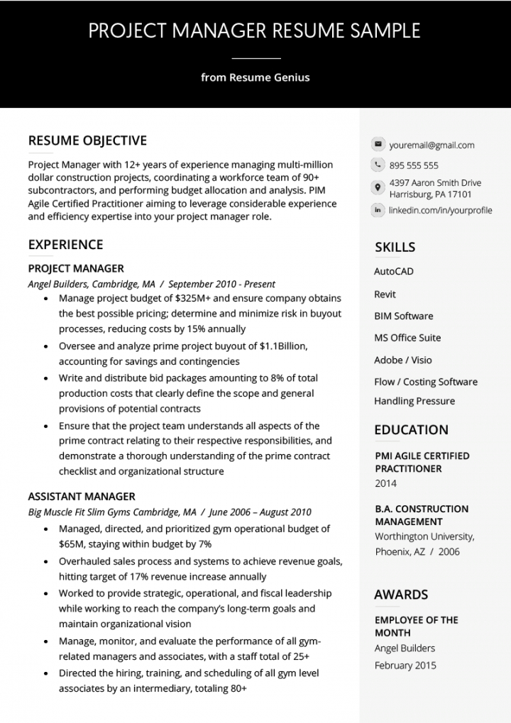 free project manager resume sample &amp; writing guide  rg construction project manager job description template doc