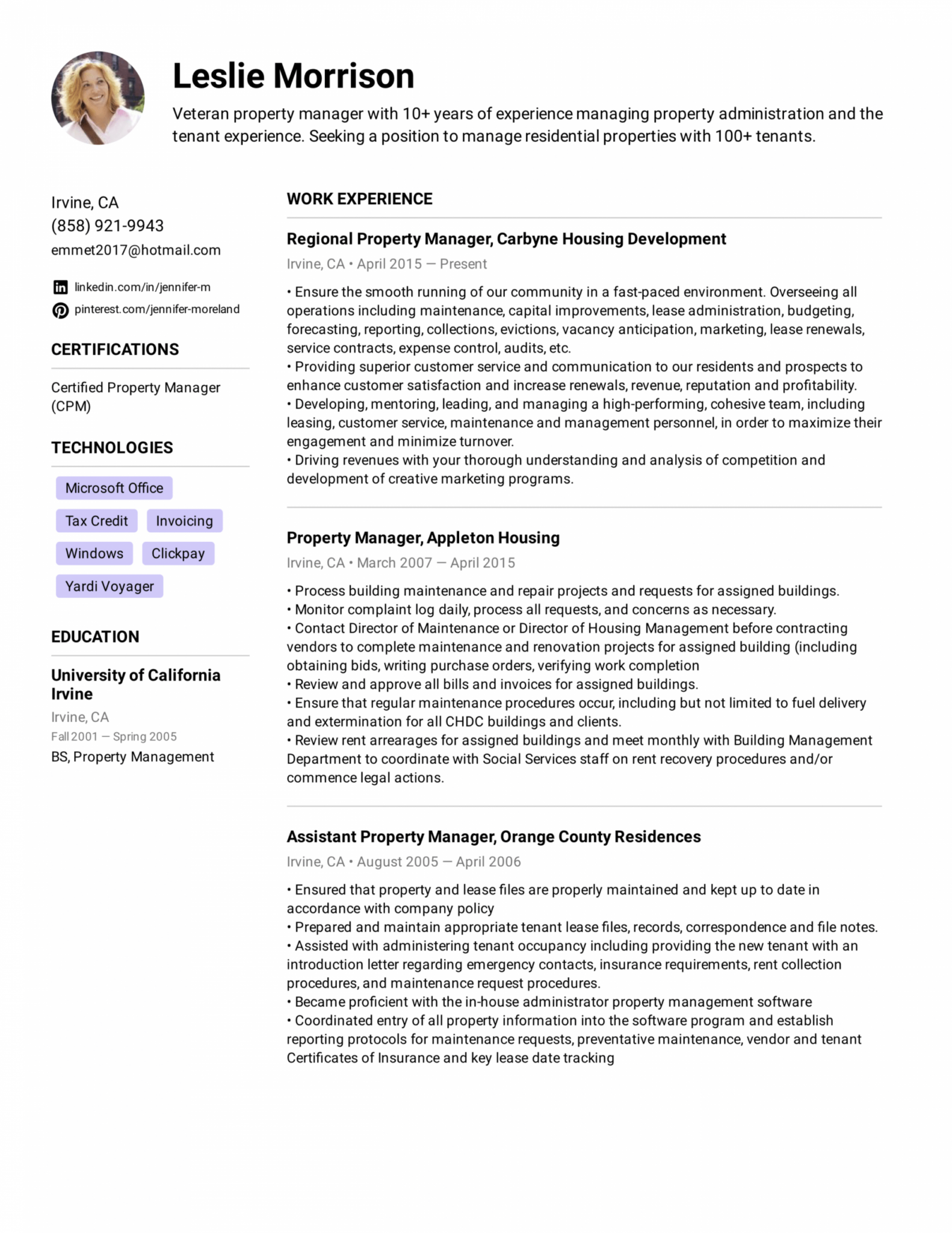 Apartment Manager Job Description Resume