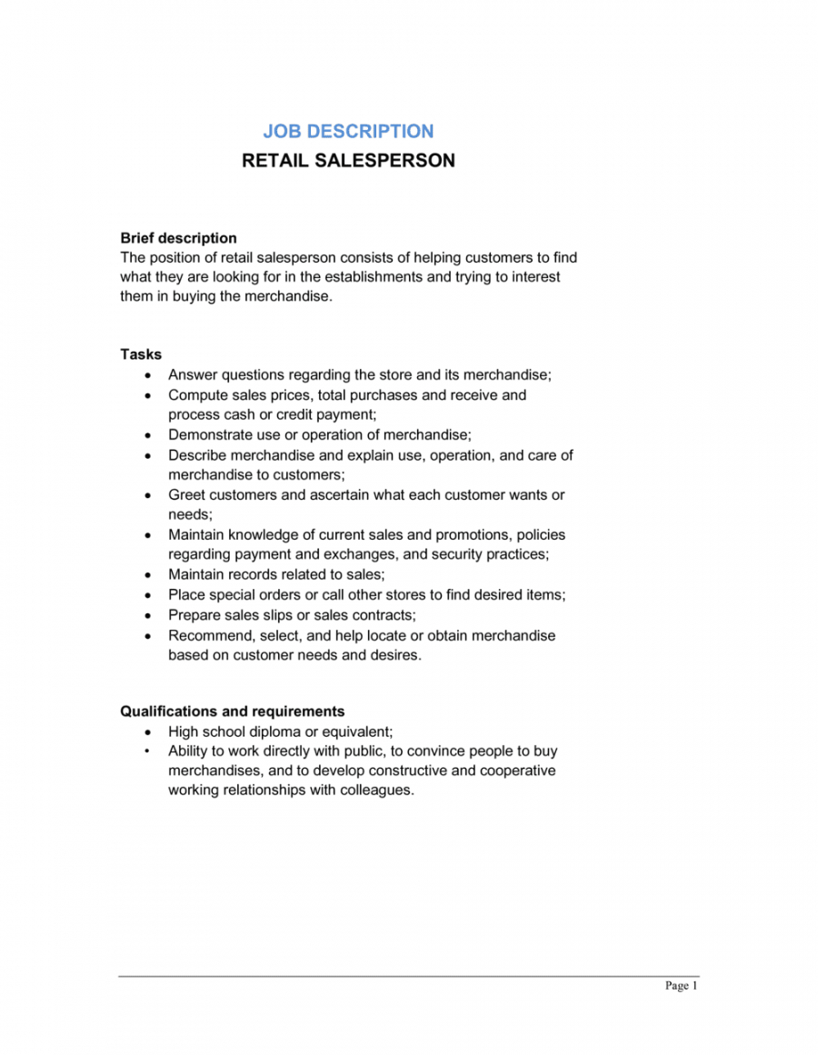 Free Retail Salesperson Job Description Template By Businessin