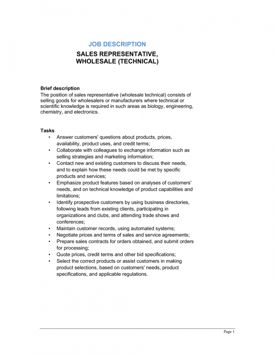 free sales representative wholesale technical job description salesperson job description template