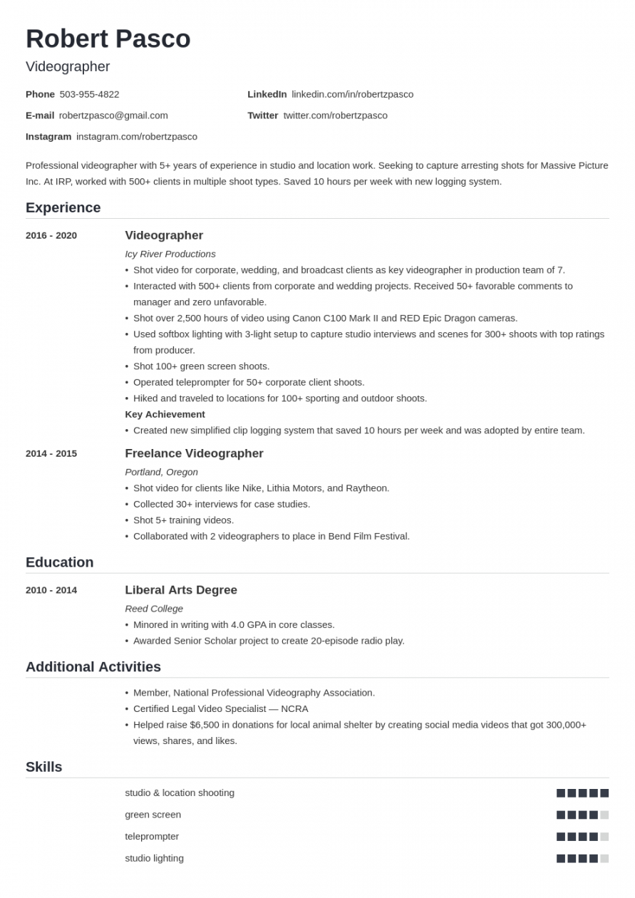 Free Videographer Resume Template Guide 20 Examples Videographer Job 