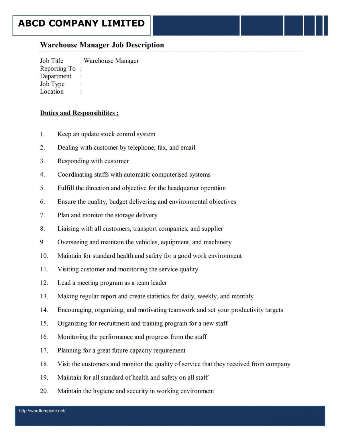 Free Warehouse Manager Job Description Template Warehouse Manager Job