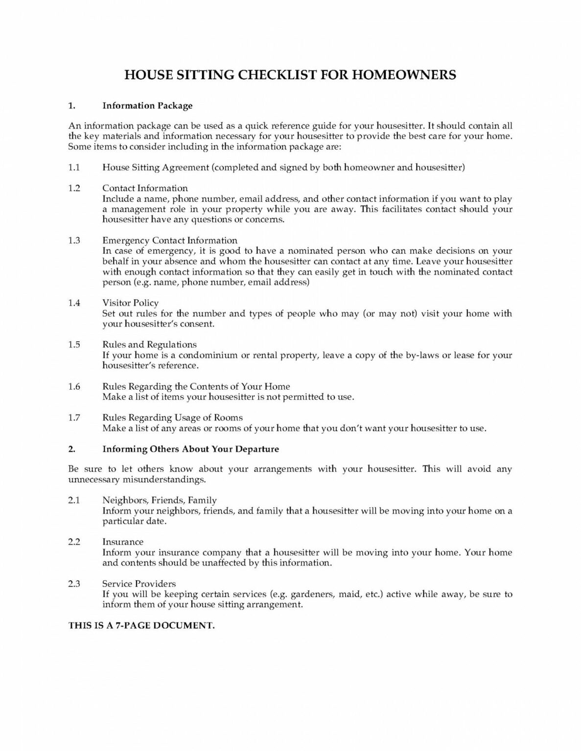 House Sitting Checklist House Sitter Checklist Template Doc Dremelmicro